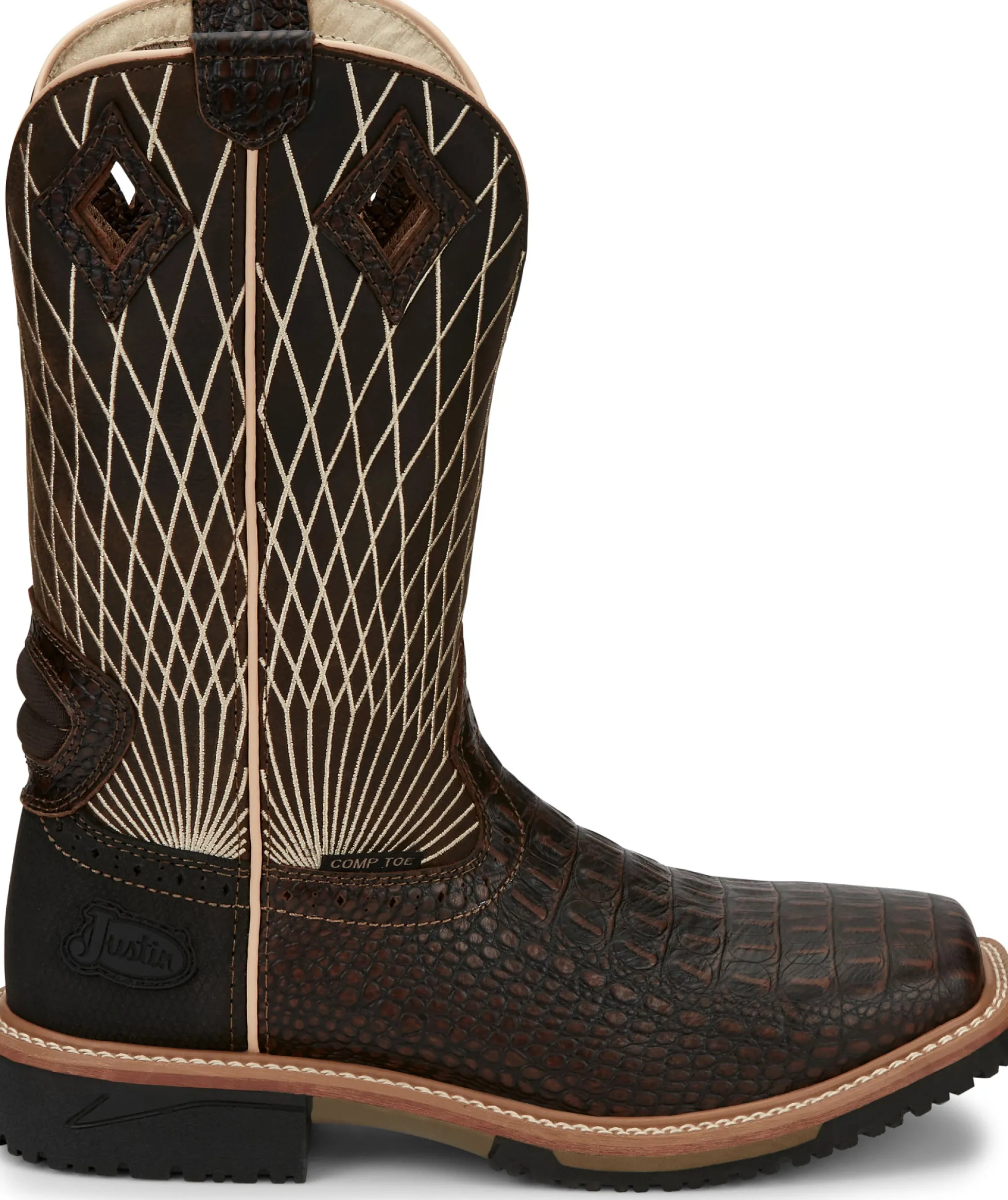 Justin Boots Derrickman 12" Comp Toe Brown Croc Print Clearance
