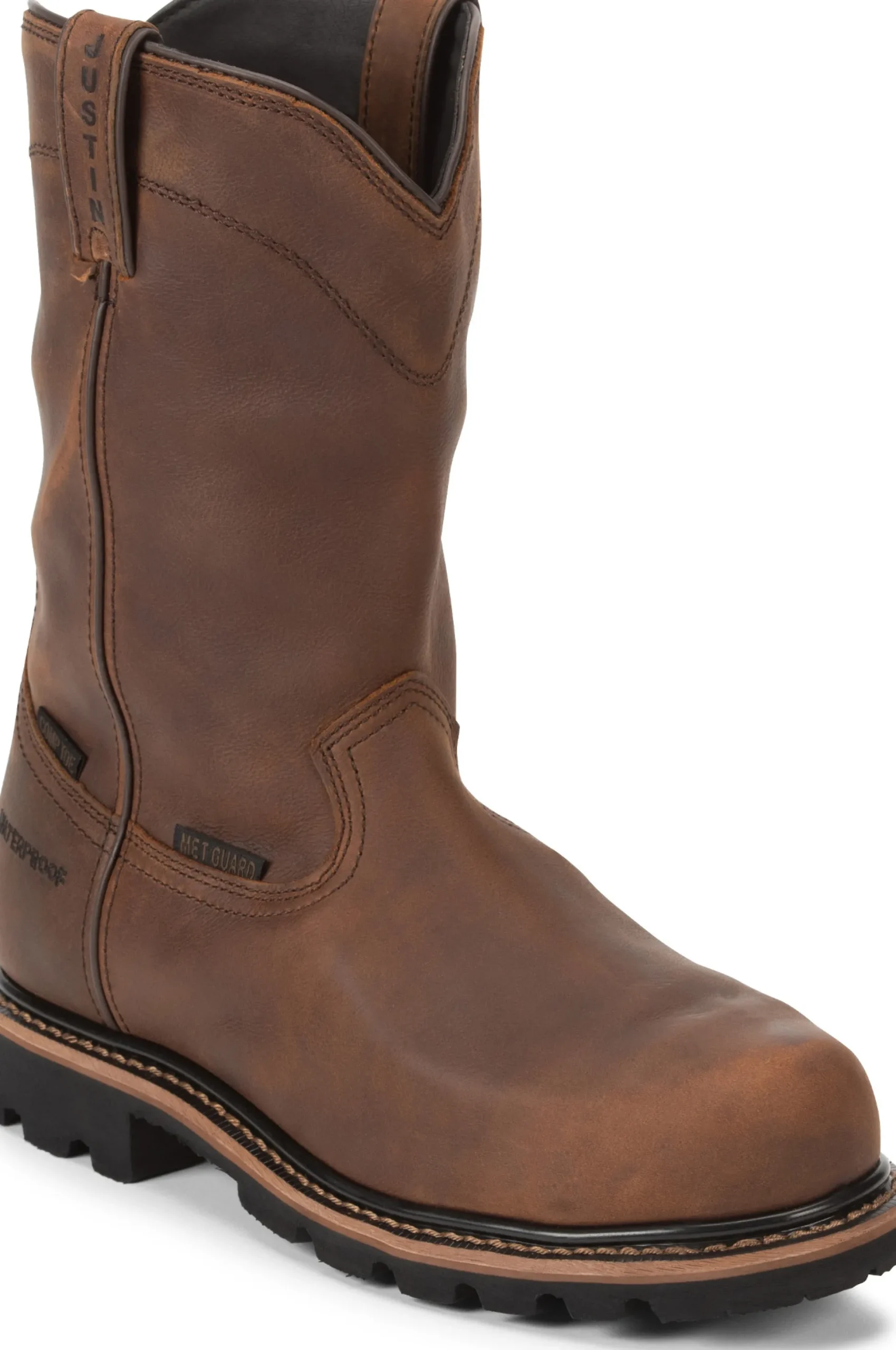 Justin Boots Pulley 10" Waterproof Comp Toe Brown Hot